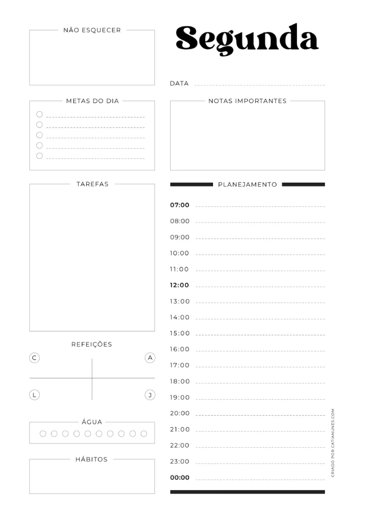 Maximize sua Rotina: Baixe Agora o Planner Diário Gratuito 1 Amostra Planner Diário - Segunda-Feira