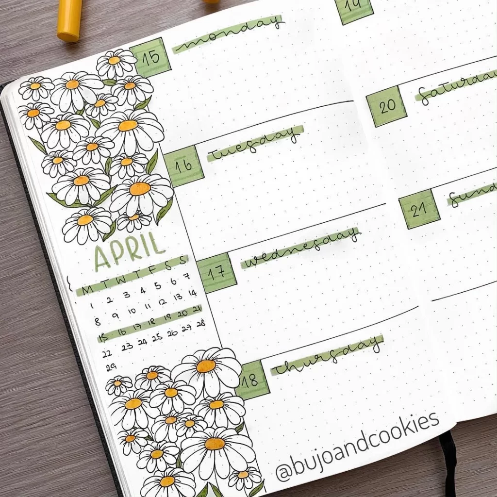 Guia Completo de Temas para Bullet Journal 1 Tema para Bullet Journal - Margaridas - @bujoandcookies