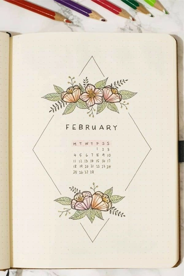 Guia Completo de Temas para Bullet Journal 7 Tema para Bullet Journal - Capa de mês com flores e calendário - Autor desconhecido - Fonte Pinterest