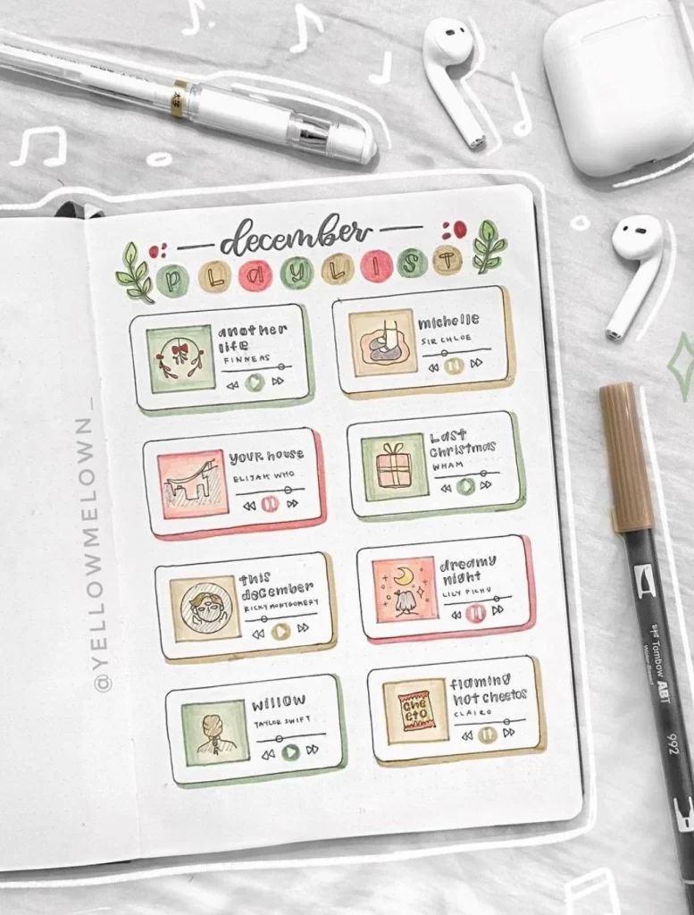 Guia Completo de Temas para Bullet Journal 2 Tema para Bullet Journal - Playlist de Natal- @yellowmelown_
